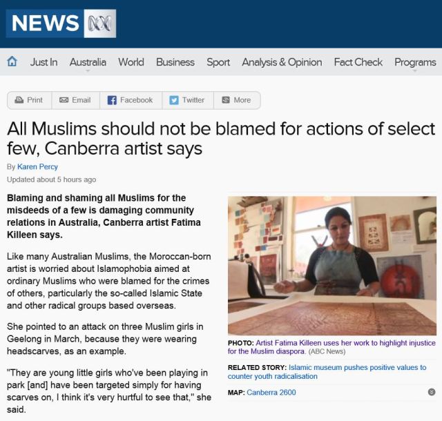 All Muslims should not be blamed for actions of select few - Canberra artist Fatima Killeen 